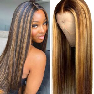 Highlight Wig Human Hair Wigs For Women MEGALOOK Ombre Honey Blonde Brazilian Straight Colored Highlight Human 12