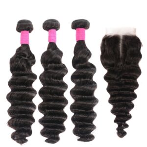 Megalook Hair Loose Deep Bundles With Closure 4x4 Lace Closure With Remy Human Hair Bundles 26