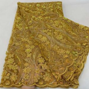 2022 African Lace Fabric Gold High Quality 5 Yards Embroidery 3D Sequins Lace Fabric For Nigerian