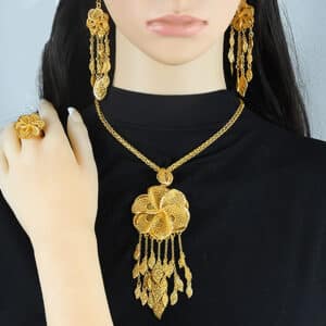 ANIID 24K Gold Plated Jewelry Set Dubai Women Flower Necklace Earrings Ring Set African Tassel Pendant 1 1