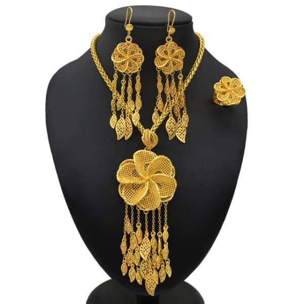 ANIID 24K Gold Plated Jewelry Set Dubai Women Flower Necklace Earrings Ring Set African Tassel Pendant 1.jpg 640x640 1