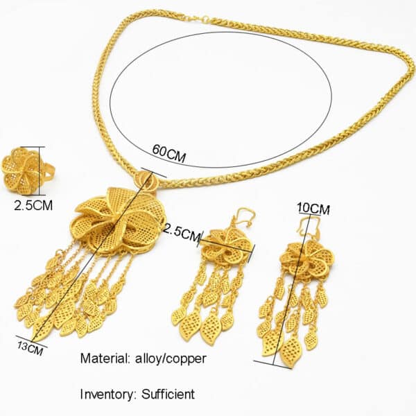 ANIID 24K Gold Plated Jewelry Set Dubai Women Flower Necklace Earrings Ring Set African Tassel Pendant 2 1