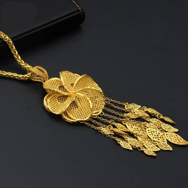 ANIID 24K Gold Plated Jewelry Set Dubai Women Flower Necklace Earrings Ring Set African Tassel Pendant 3 1
