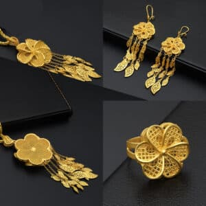 ANIID 24K Gold Plated Jewelry Set Dubai Women Flower Necklace Earrings Ring Set African Tassel Pendant 4 1