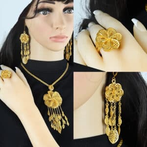 ANIID 24K Gold Plated Jewelry Set Dubai Women Flower Necklace Earrings Ring Set African Tassel Pendant 5 1