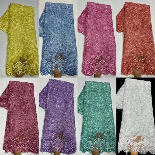 African Lace Fabric With Beaded High Quality French Net Tulle Lace Fabric Embroidery Nigerian Guipure Cord 2