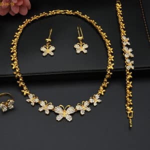 Butterfly African Jewelry Dubai Nigerian Jewellery Set Crystal 24k Gold Plated Wedding Necklac Bracelet Earring Set 4 1