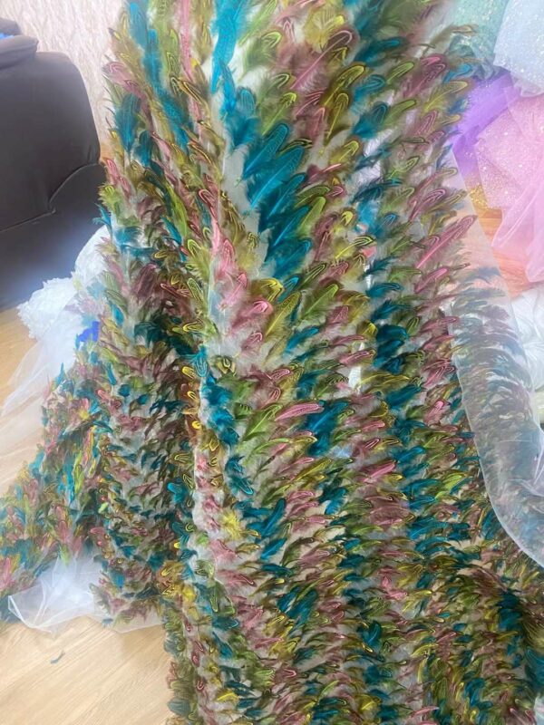 Latest African Lace Fabric High Quality 3D Feather French Tulle Lace Sequins Feather Embroidered Lace Fabric 5