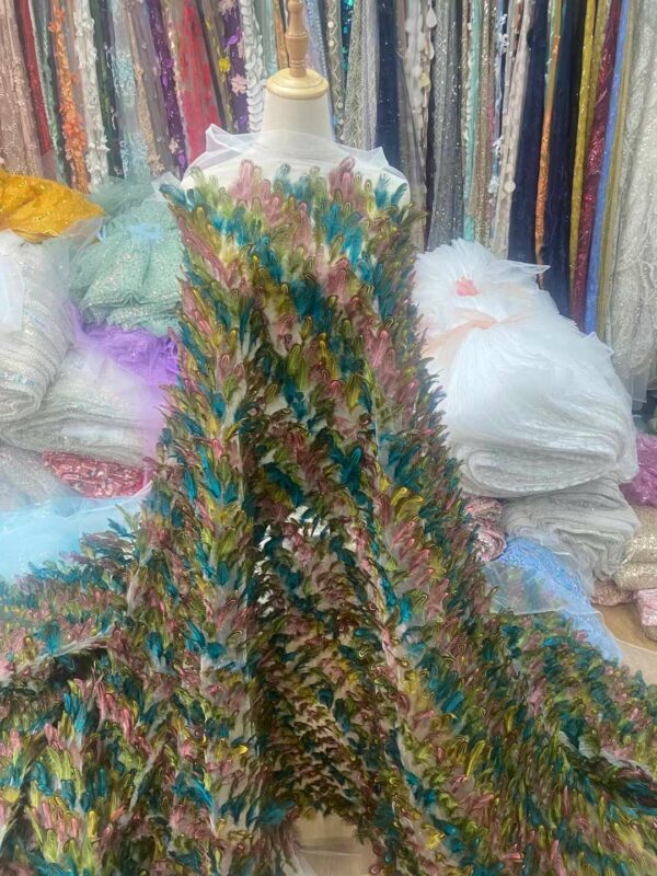 Latest African Lace Fabric High Quality 3D Feather French Tulle Lace Sequins Feather Embroidered Lace Fabric